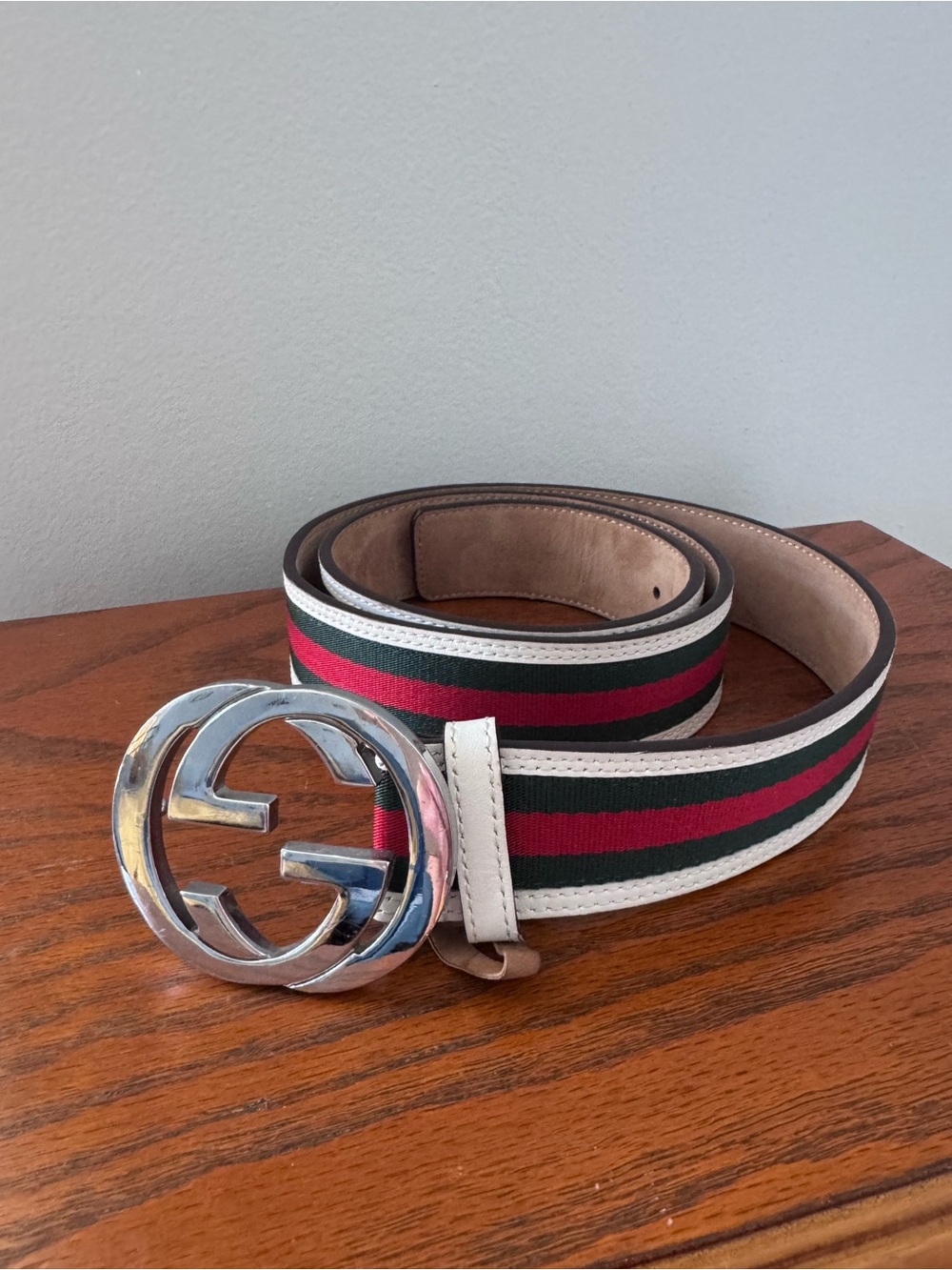 Vintage men’s Interlock GG Leather Belt Web Green Red White US men’s size 36